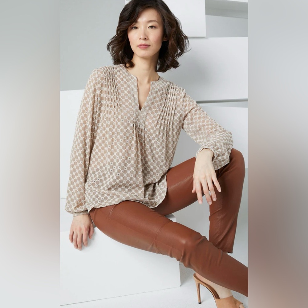 Etcetera Beige Patterned Long Sleeve Peasant Blou… - image 1